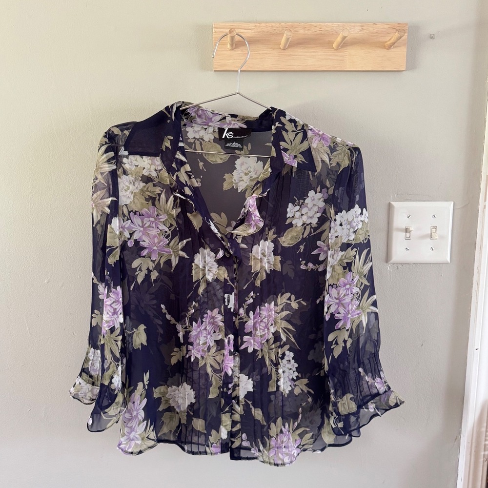KS Selection Womens Navy Blue Floral Sheer Chiffon Blouse Ruffle Cuff Size 10